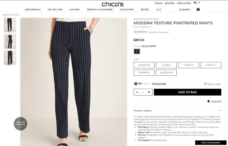 Screenshot of Chico's product description and image of pinstripe pants