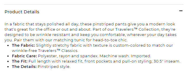 Screenshot of just the product details of the Chico's pinstripe pant