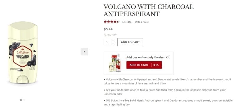 Screenshot of product description for Old Spice's volcano with charcoal antiperspirant.