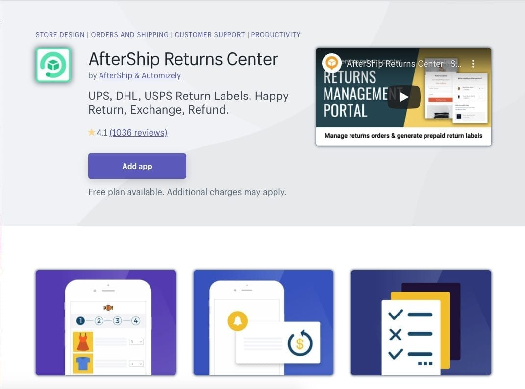 Aftership Returns Center Shopify app
