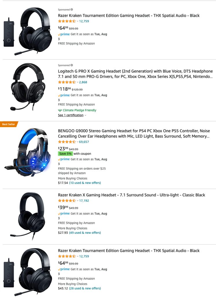 Gaming headsets on Amazon