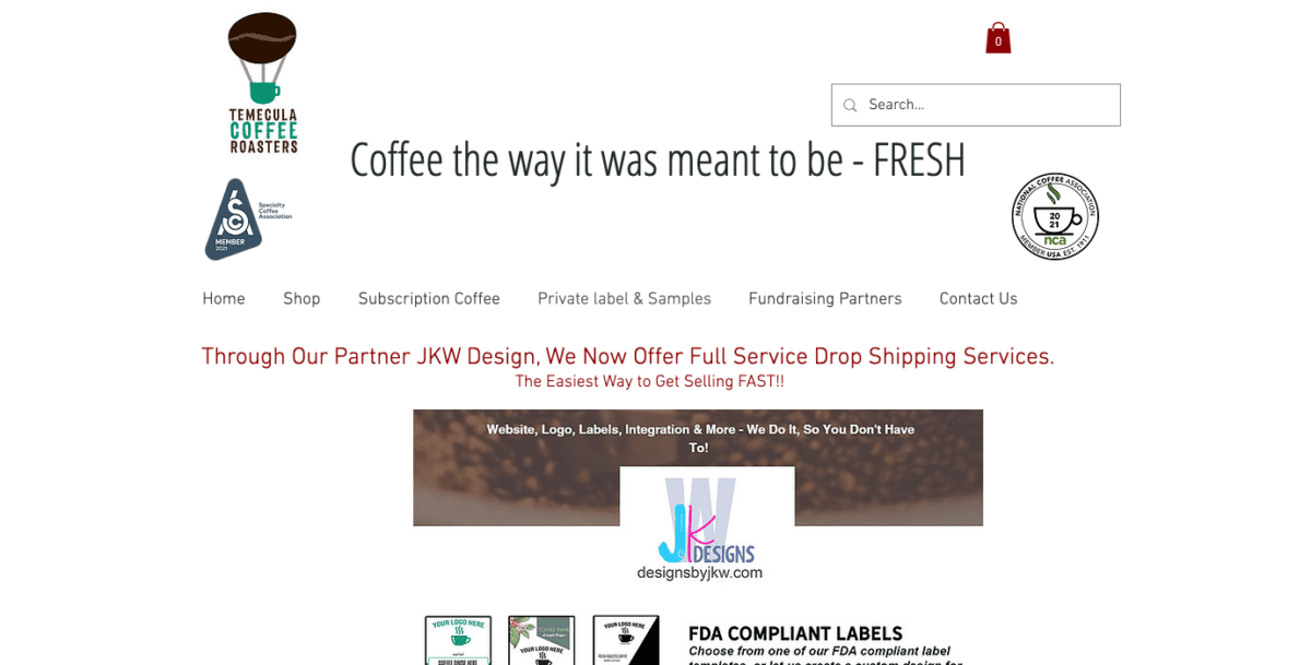 Temecula Coffee Roasters Dropshipping page