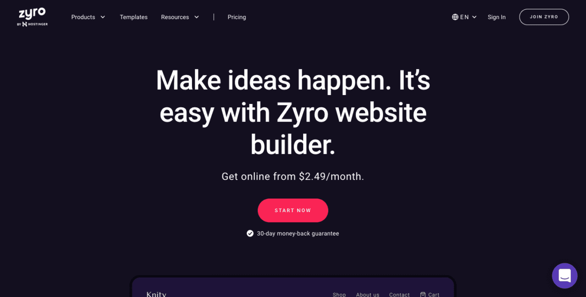Zyro website builder homepage