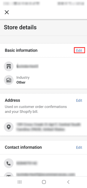 Editar información de la tienda Shopify Aplicación móvil Android Cambiar los detalles de la tienda Shopify Aplicación móvil Android