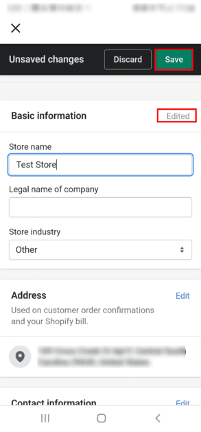 Guardar el cambio de nombre de la tienda de Shopify en la aplicación móvil de Android Guardar ediciones de la tienda Shopify Aplicación móvil Android