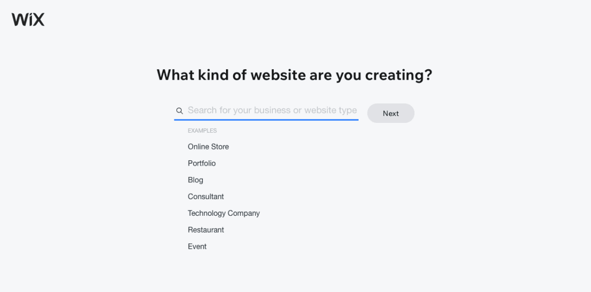 Wix  - selecting the type of website