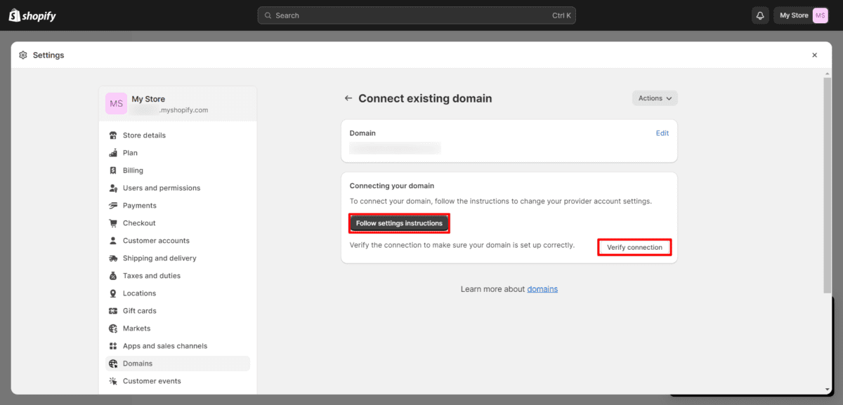 Mi tienda · Dominios · Conectar dominio existente · Verificar conexión Shopify Connect Dominio existente Verificar conexión