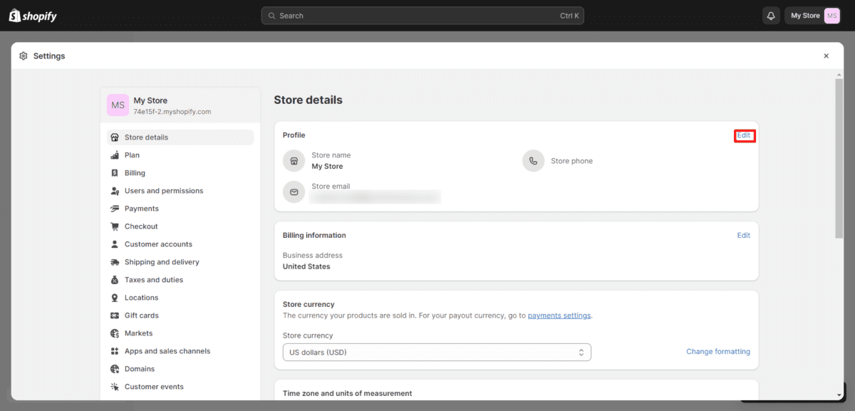Mi tienda · Detalles de la tienda · Shopify Panel de Shopify Editar perfil