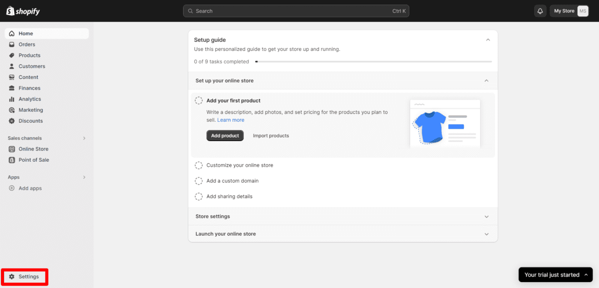 Panel de la tienda Shopify Configuración del panel de Shopify