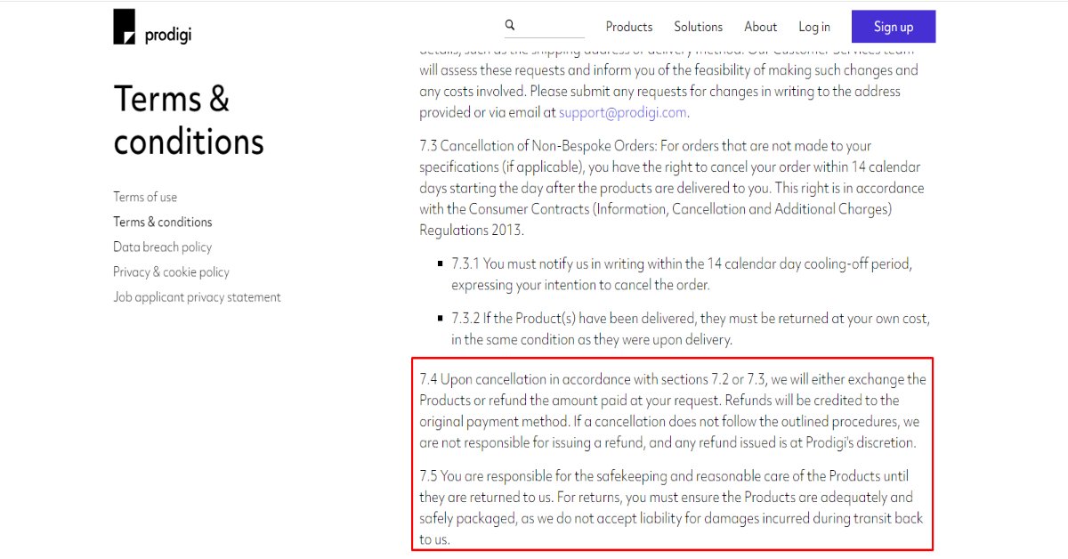 prodigi refund policy